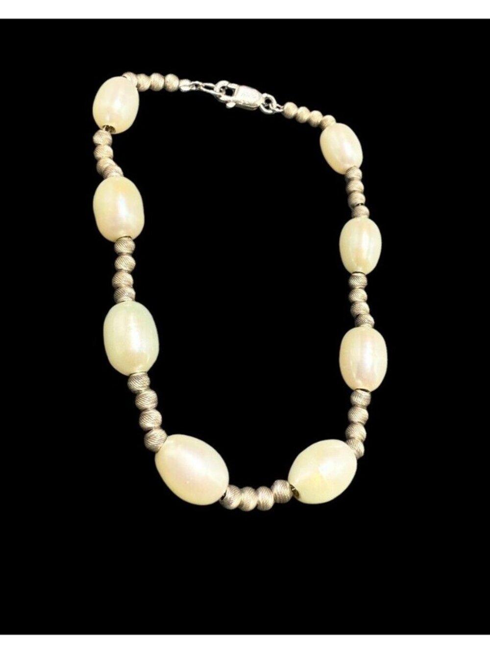 Vintage 925 Silver Textured Round Beads Oval Cultured Pearl Bracelet 7.25”